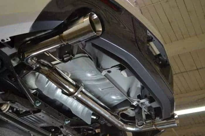 Mazdaspeed 3 Catback Exhaust non-resonated underneath left angled view