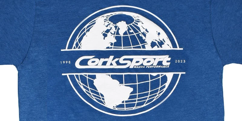 Closeup of CorkSport 1998-2023 Year with Logo World
