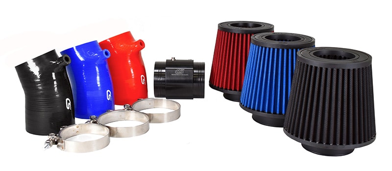 Short Ram Intake system with color choice of silicone and filter, a MAF housing, and polished clamps