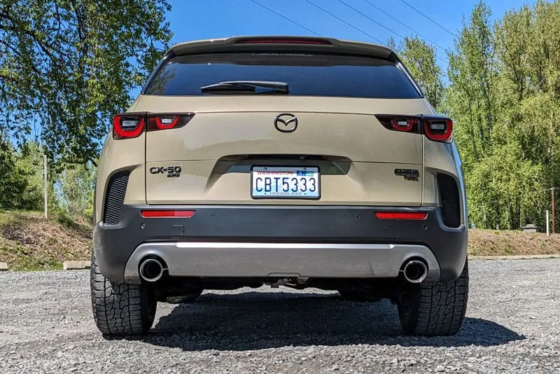 Rear view of CorkSport Exhaust System Installed appearing more aggressive