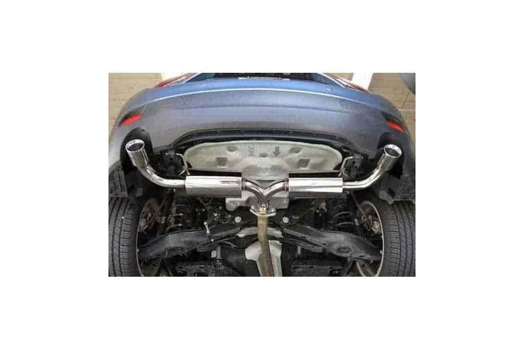 Here's an installed view of CorkSport's 2014+ Mazda 3 Cat-Back Exhaust for a Hatchback.