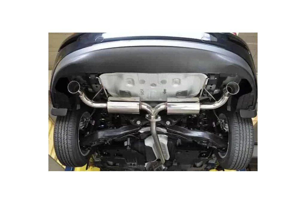 Here's a view of the 2014+ Mazda 3 cat-back exhaust installed in a Sedan.