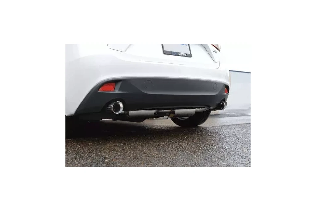 A rear-angled view of the cat-back exhaust from the driver's side.