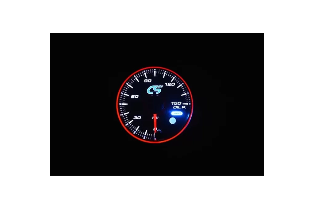 White face Mazdaspeed oil pressure gauge with warning.