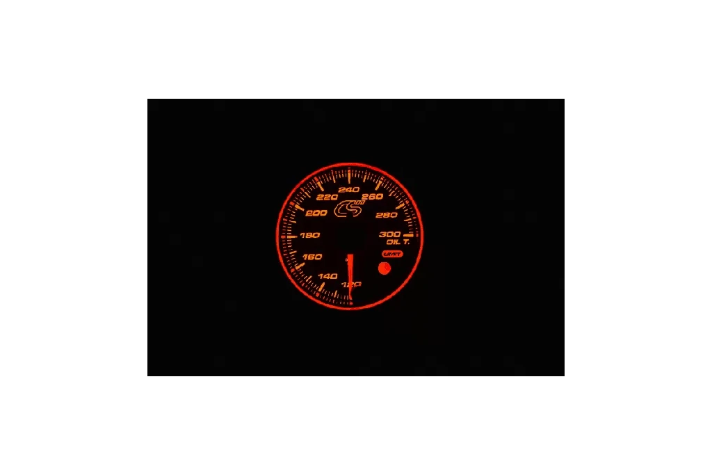 Orange face Mazdaspeed oil temperature gauge.