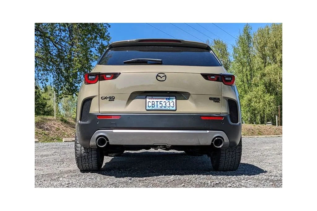 Rear view of CorkSport Exhaust System Installed appearing more aggressive