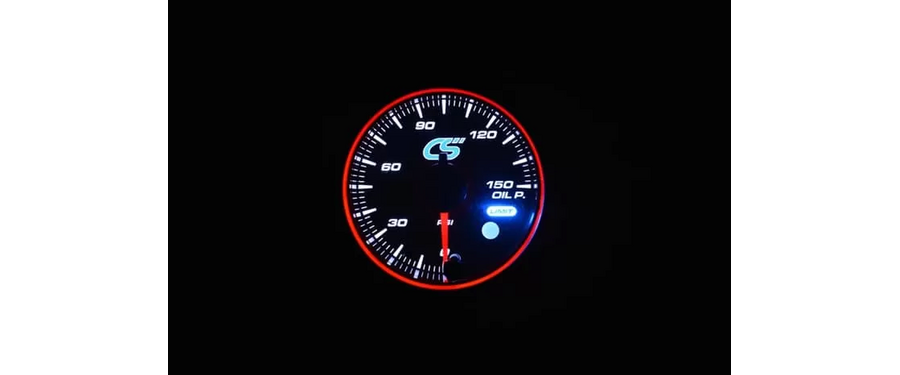 White face Mazdaspeed oil pressure gauge with warning.
