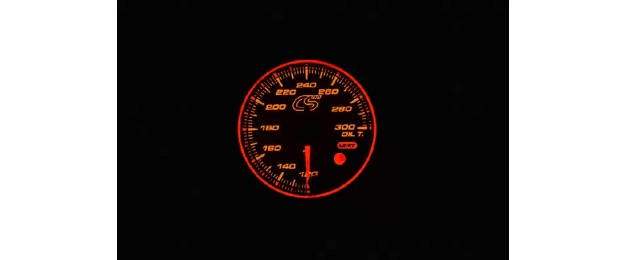 Orange face Mazdaspeed oil temperature gauge.