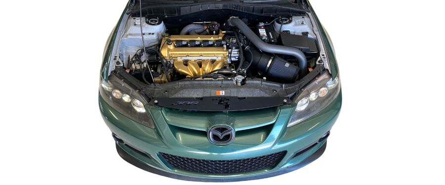 Overhead view and placement of the 51r Battery Tray in a Mazdaspeed 6