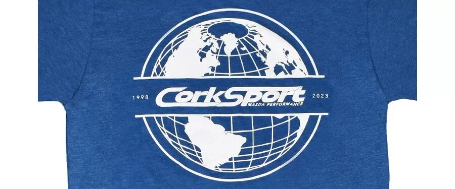 Closeup of CorkSport 1998-2023 Year with Logo World