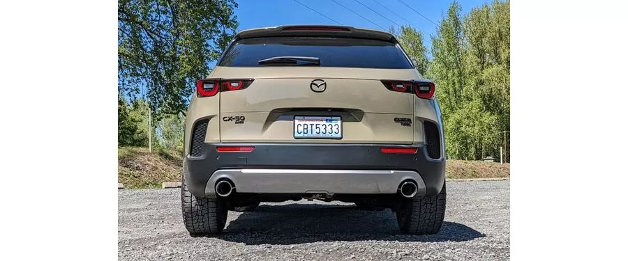 Rear view of CorkSport Exhaust System Installed appearing more aggressive