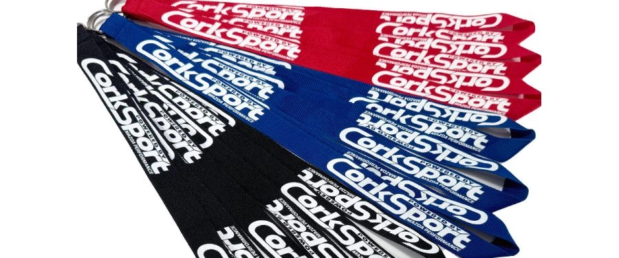 CorkSport Lanyards in Black, Blue, and Red.